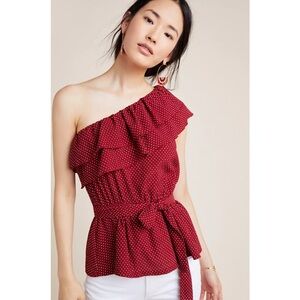 Anthropologie One-Shoulder Ruffle Top - Red